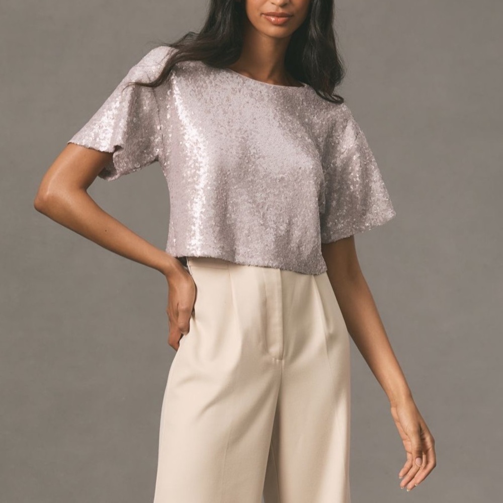 By Anthropologie Sequined Cropped Tee- gray- XS